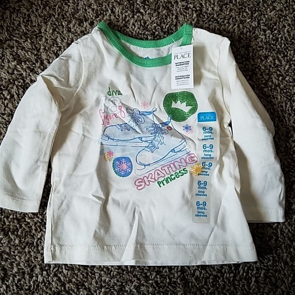 Children's Place 6-9M Cream Green Ice Skating Long Sleeve Tee Shirt